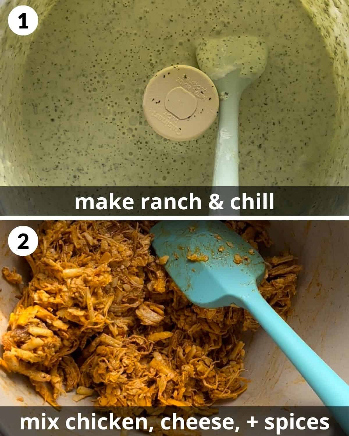 A 2 photo collage showing how to make ranch and chicken mixture.