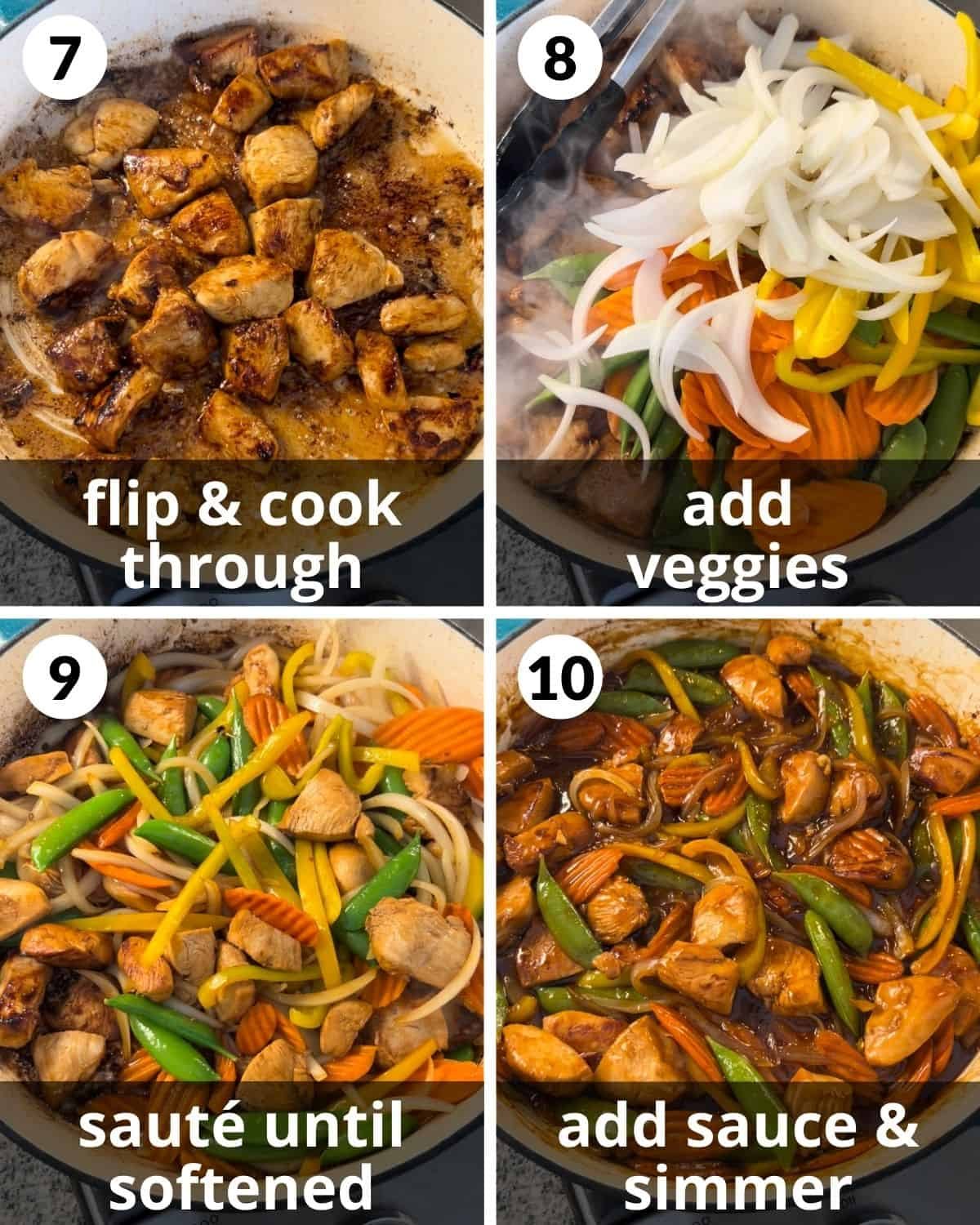 A 4 photo collage showing chicken stir fried and sauce thickened.