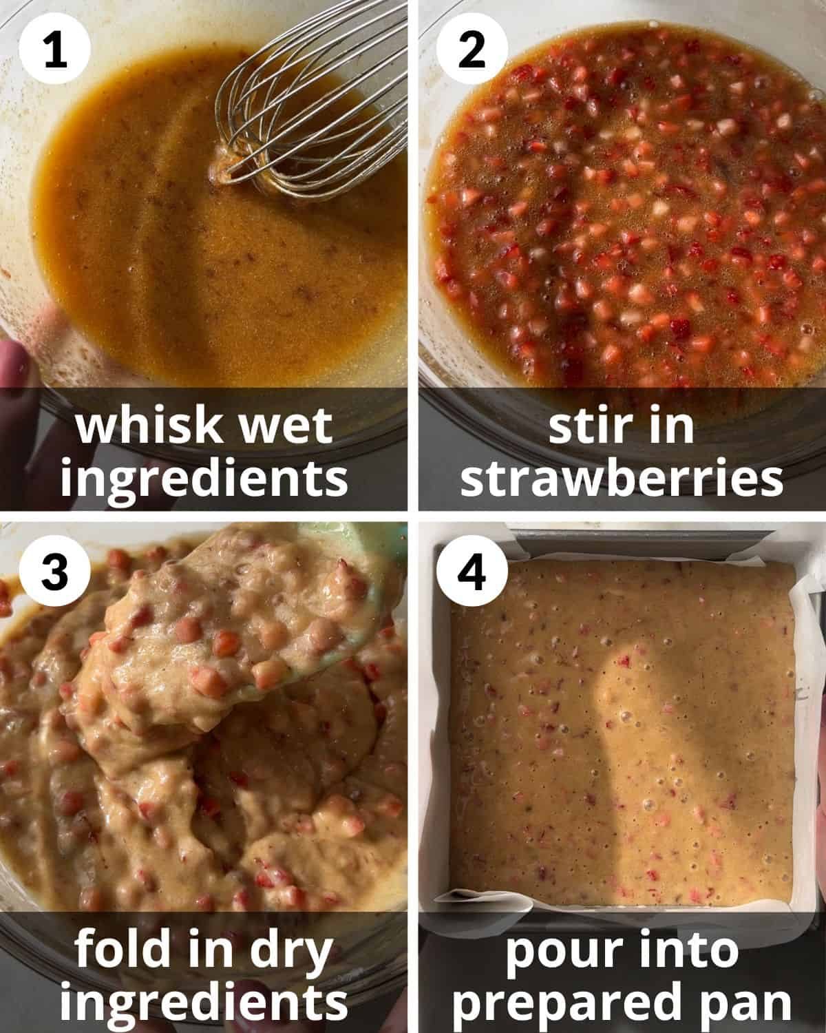 A 4 photo collage showing the assembly of strawberry snack cake.