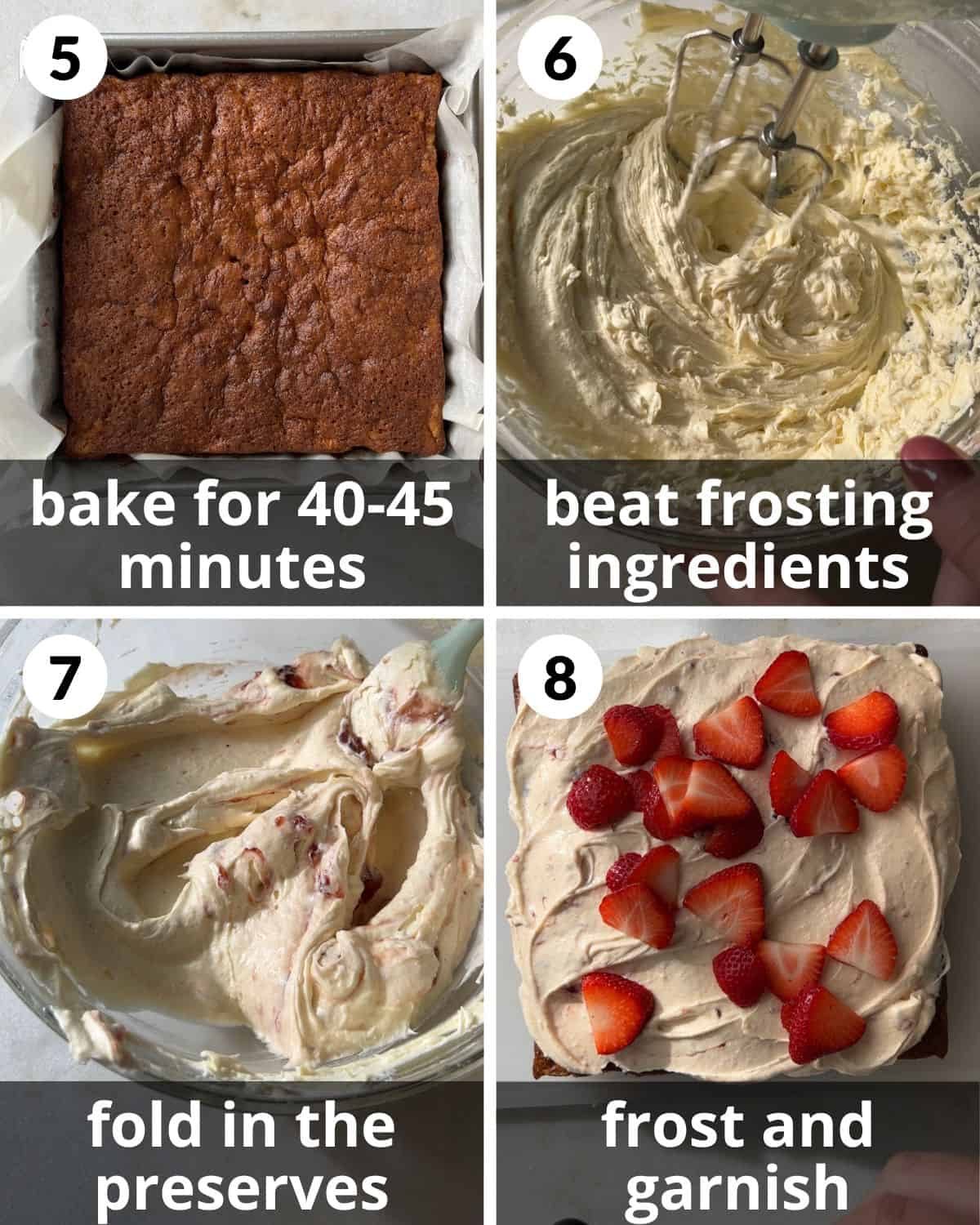 A 4 photo collage showing the final assembly of strawberry snack cake.