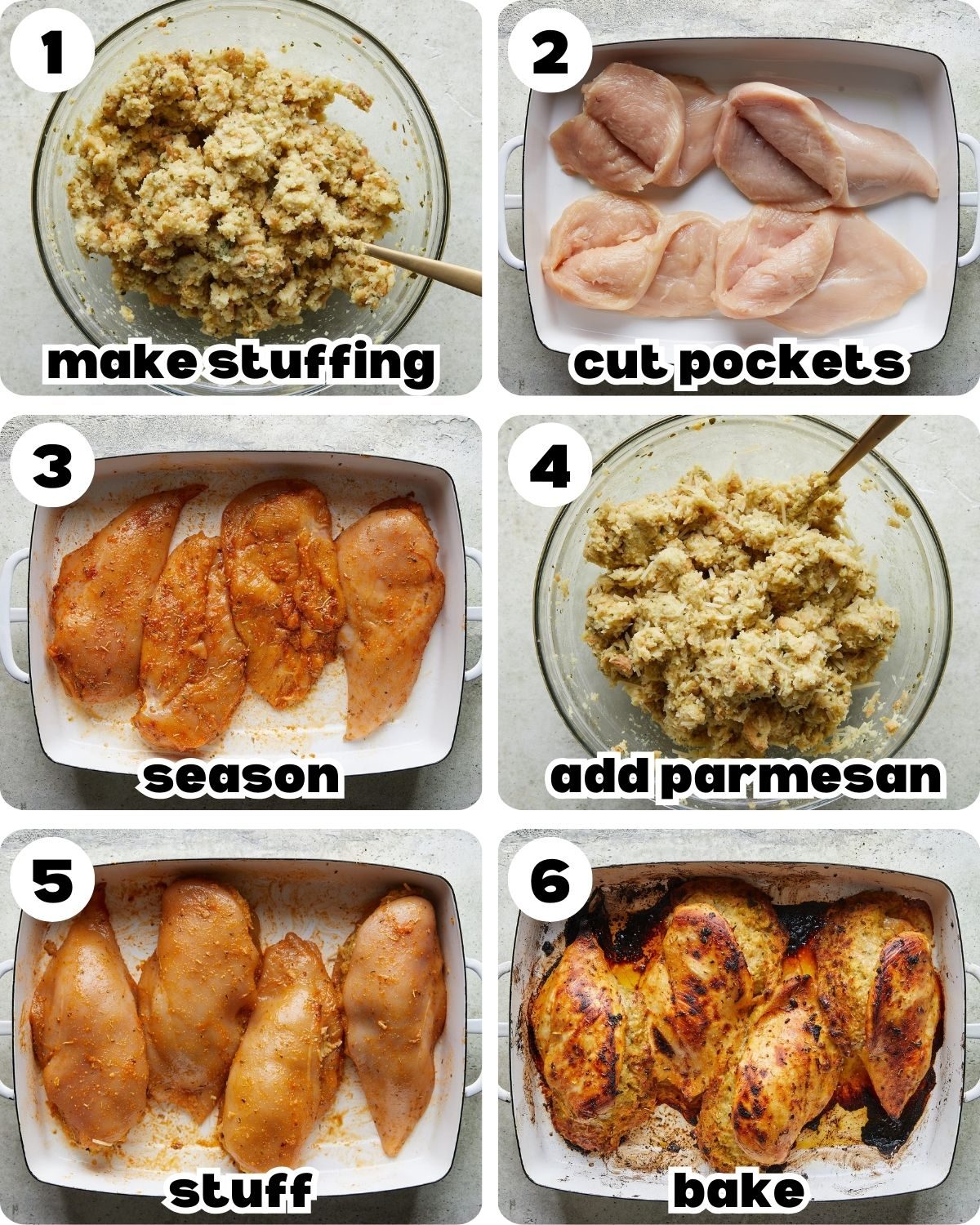 A 6 photo collage showing the steps for stuffing stuffed chicken breasts.