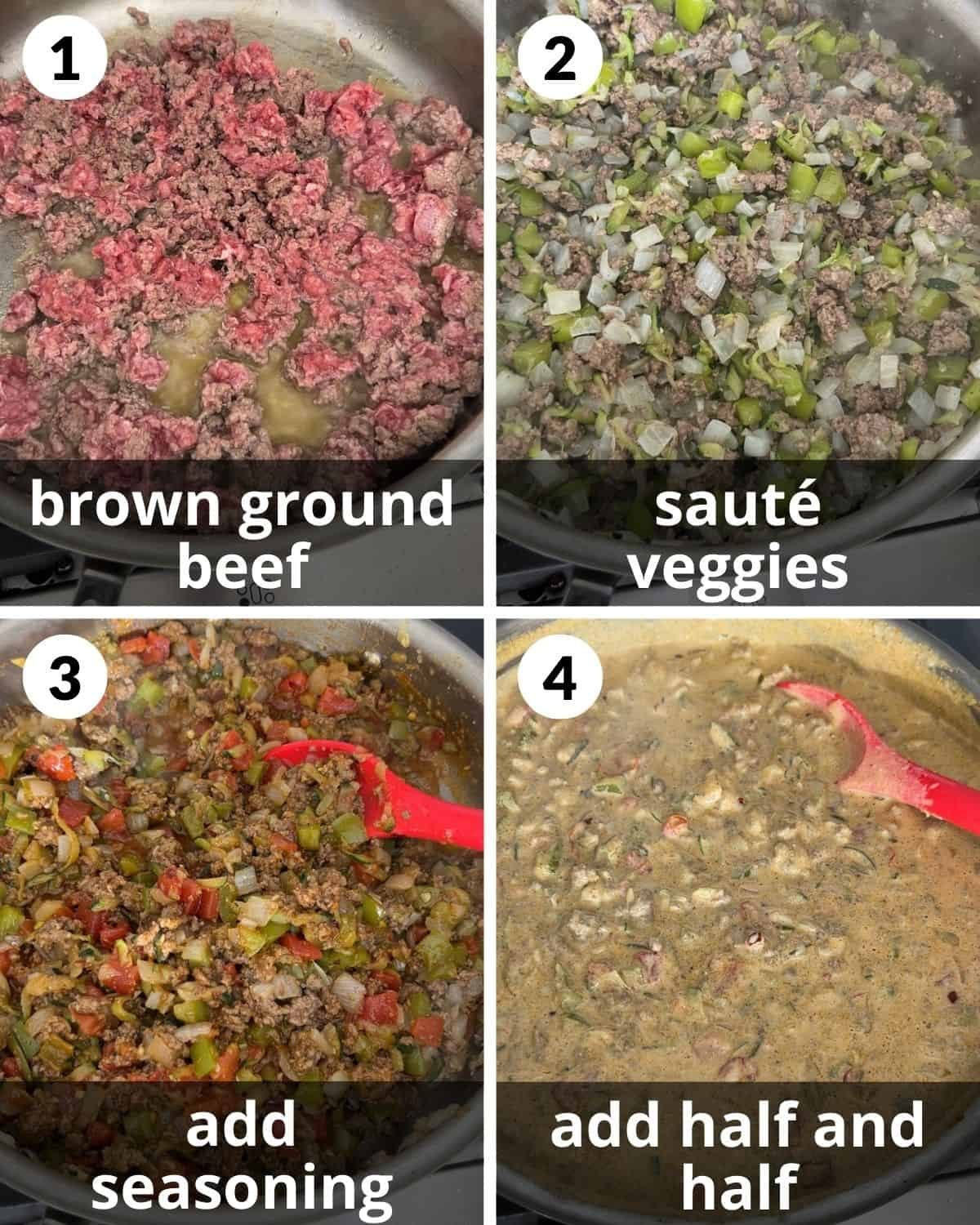A 4 image collage showing the beginning assembly of taco pasta bake.