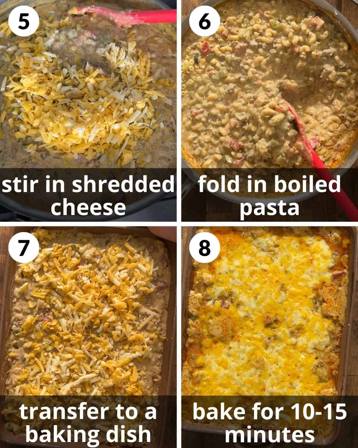A 4 photo collage showing the final assembly of taco pasta bake.