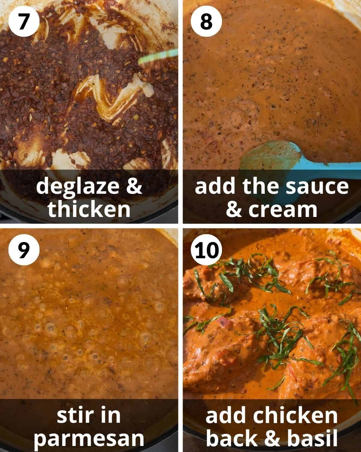 A four photo collage showing the final assembly of tomato basil chicken.