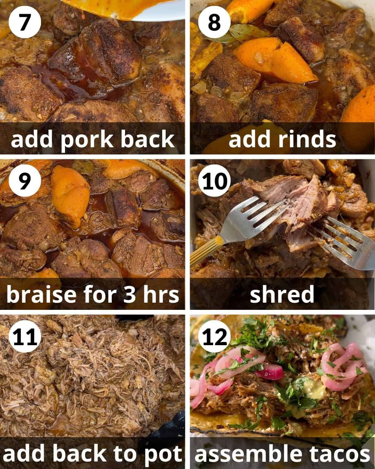 A 6 photo collage showing the final assembly of pulled pork street tacos.