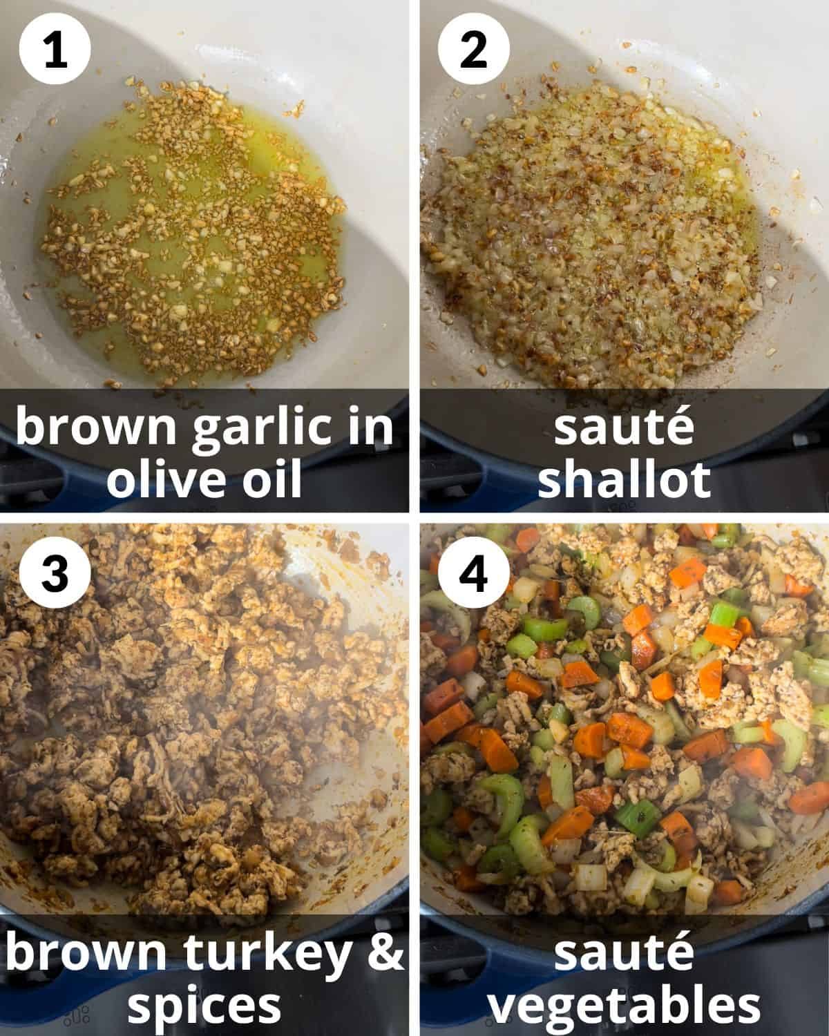 A 4 photo collage showing how to sauté the veggies and ground turkey.