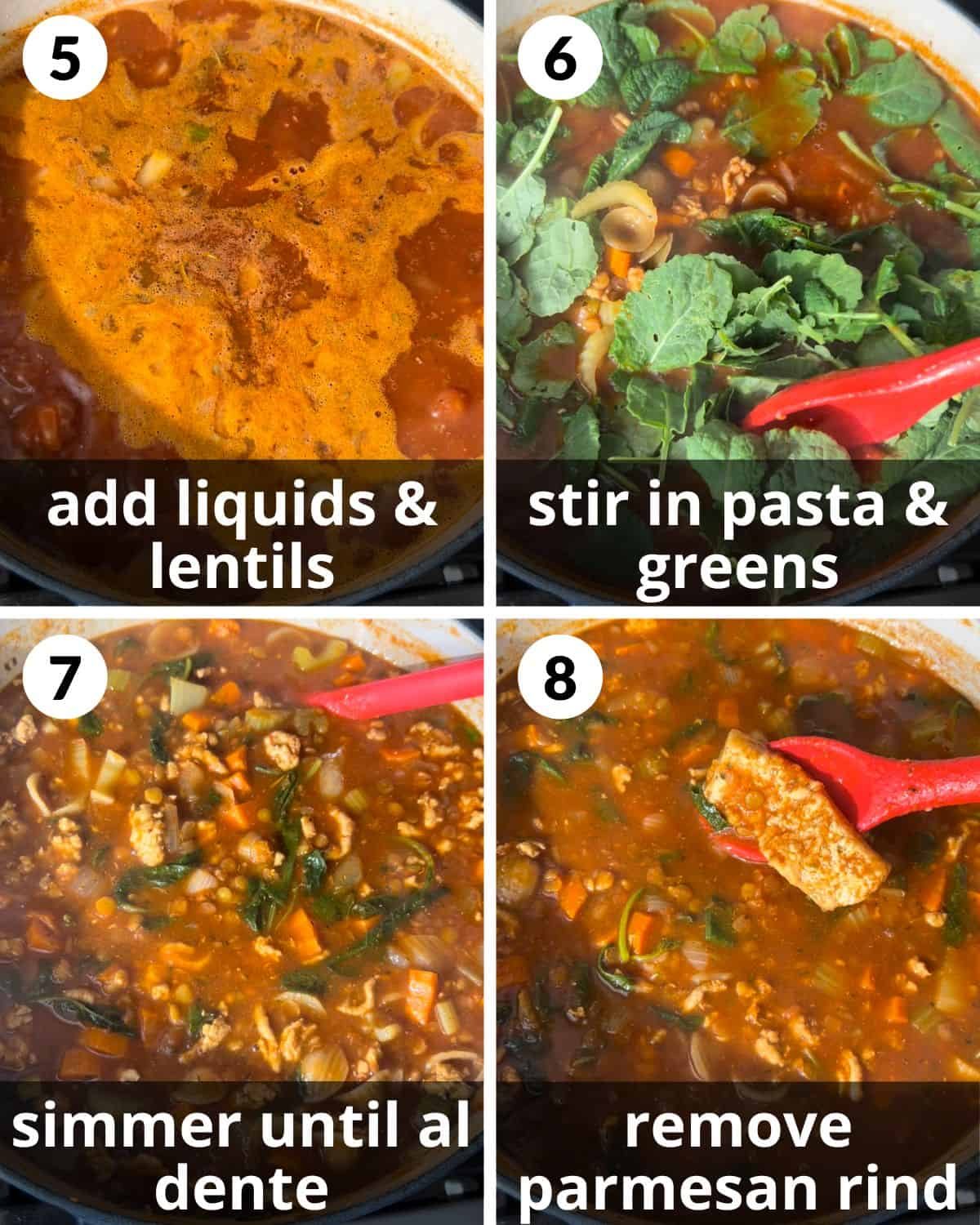 A 4 photo collage showing adding the liquids and lentils.