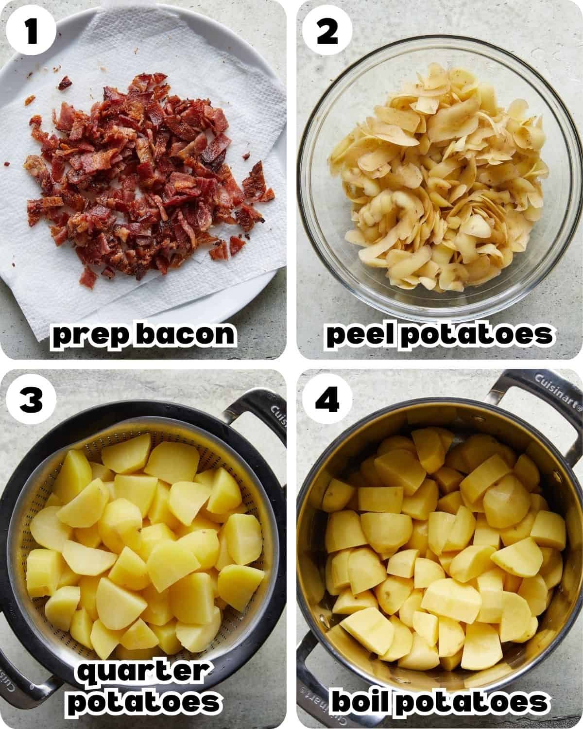 A four photo collage showing the beginning steps for twice baked mashed potatoes.