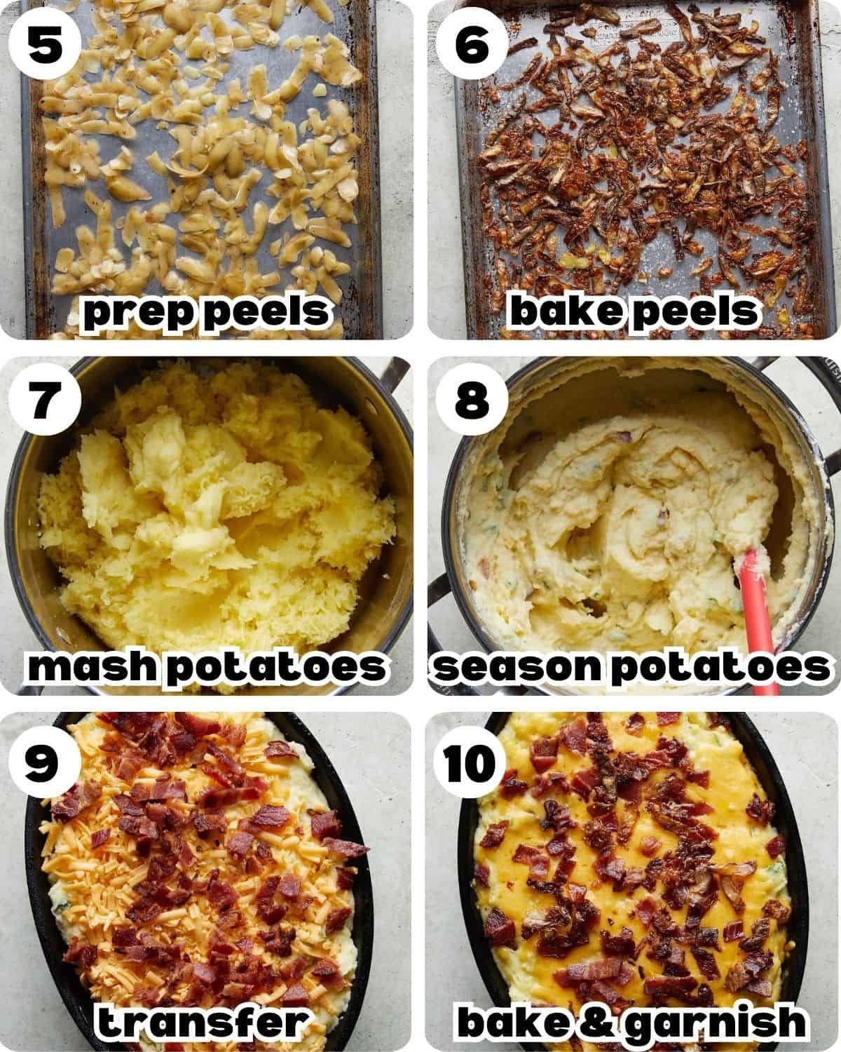 A six photo collage showing the final steps for twice baked mashed potatoes.