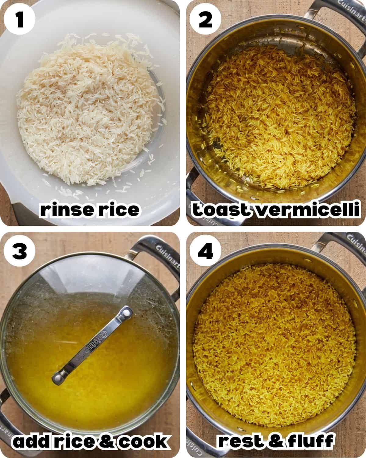 A four photo collage showing the steps for yellow rice recipe.