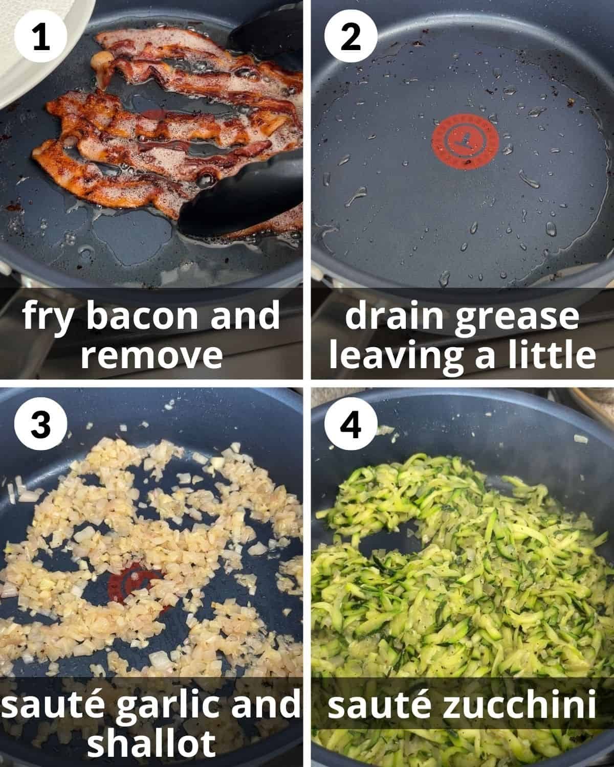 A 4 photo collage showing the beginning assembly of zucchini risotto.