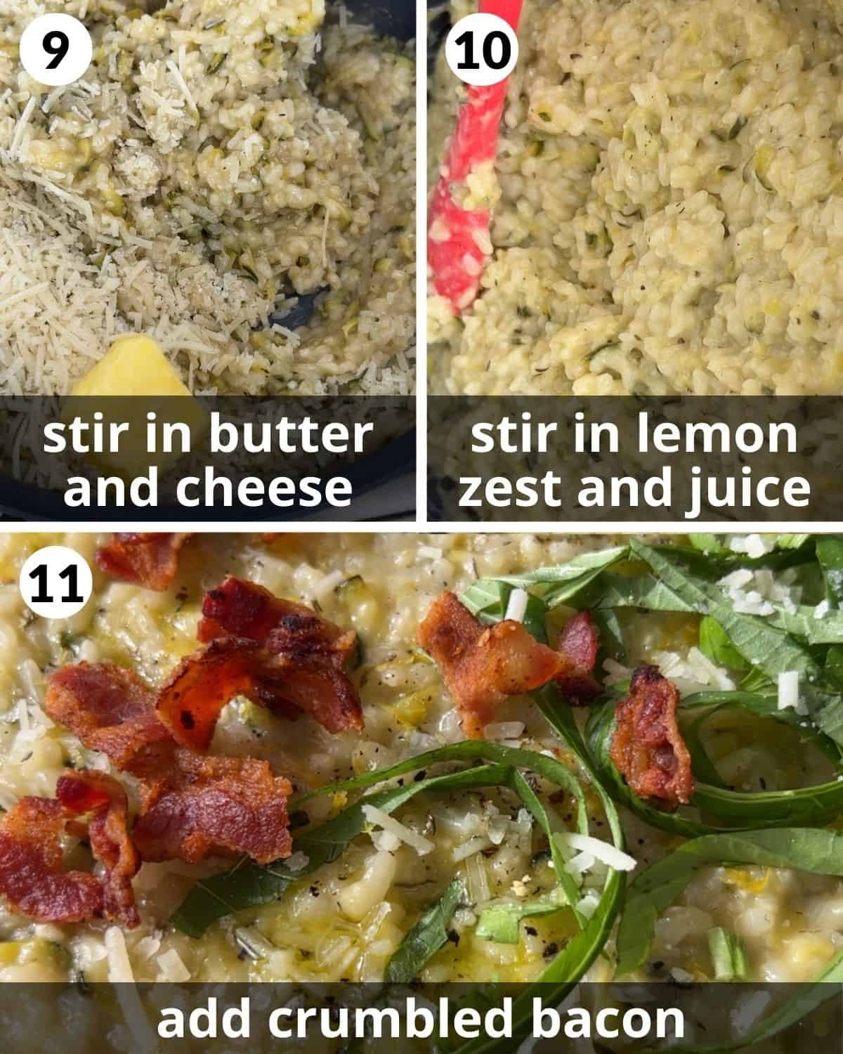 A 3 photo collage showing the final assembly of zucchini risotto.