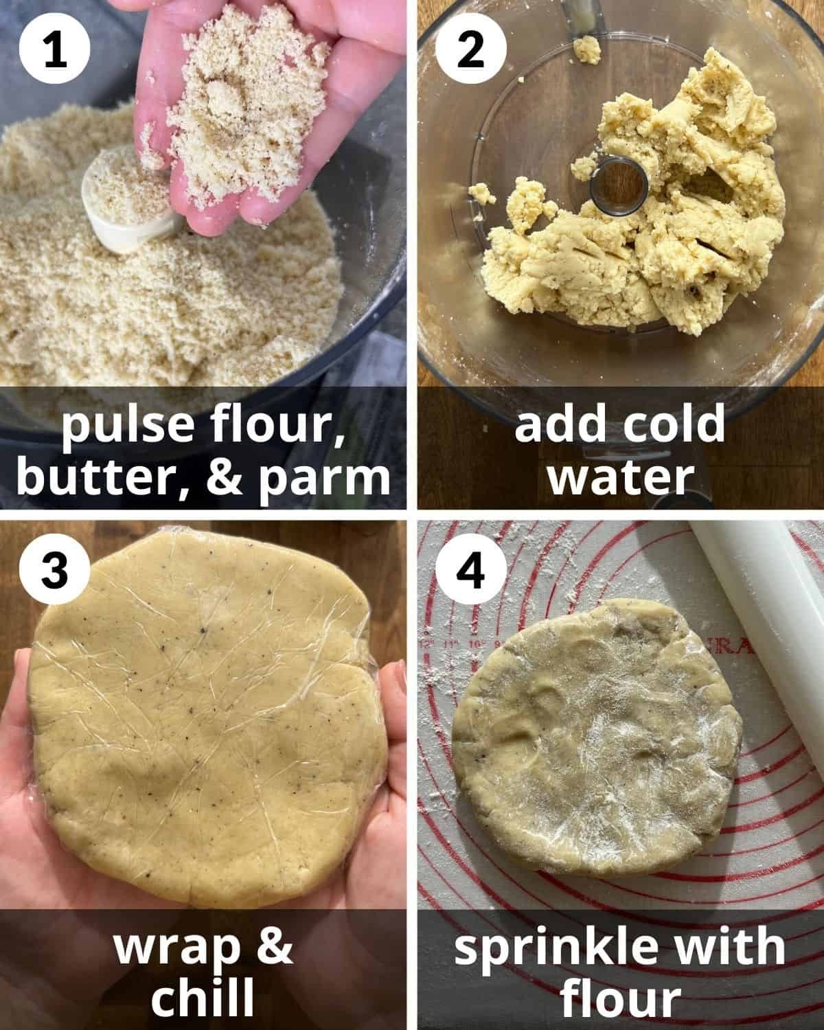 A 4 photo collage showing the beginning steps of homemade parmesan rosemary crackers.