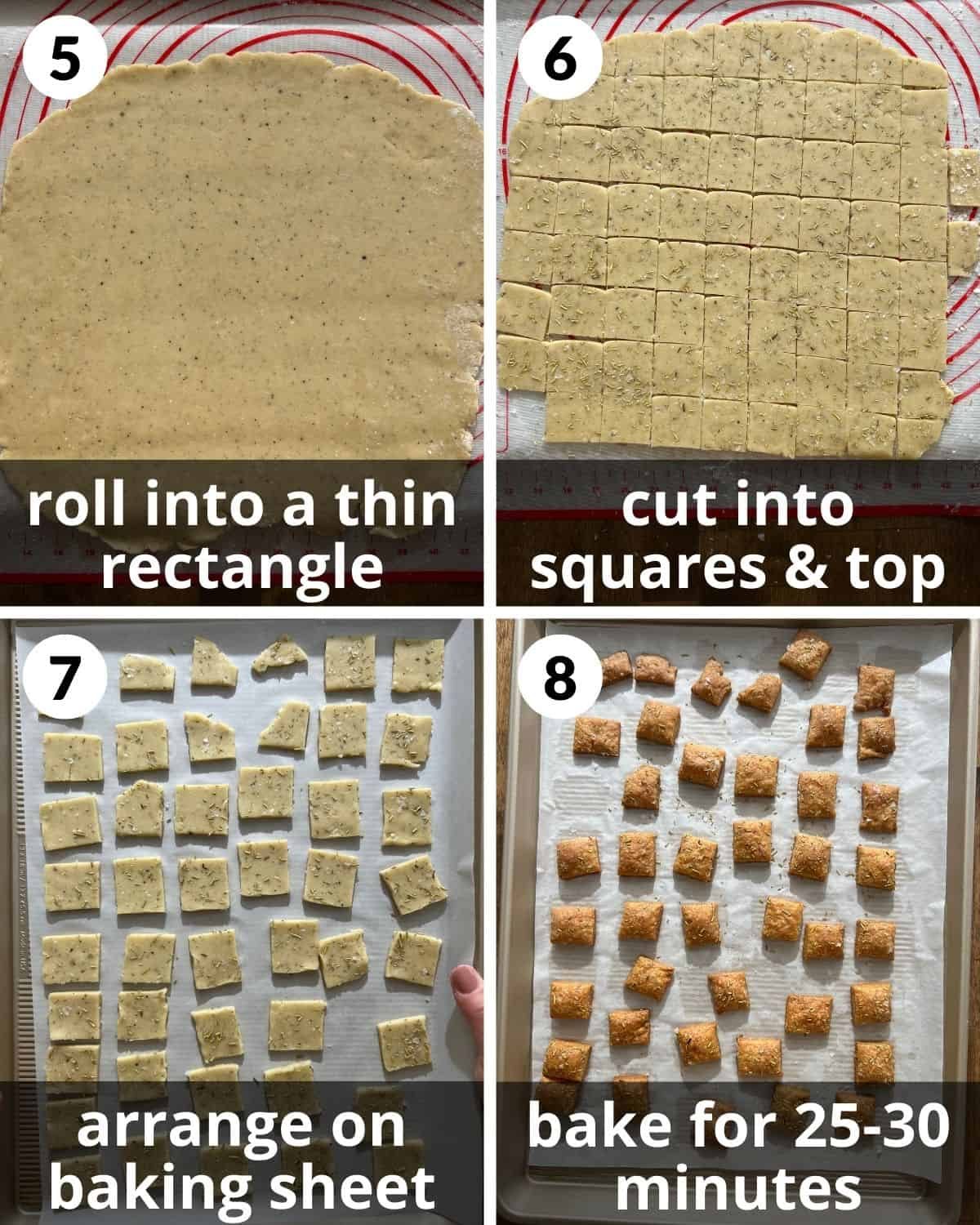 A 4 photo collage showing the final assembly of homemade parmesan rosemary crackers.