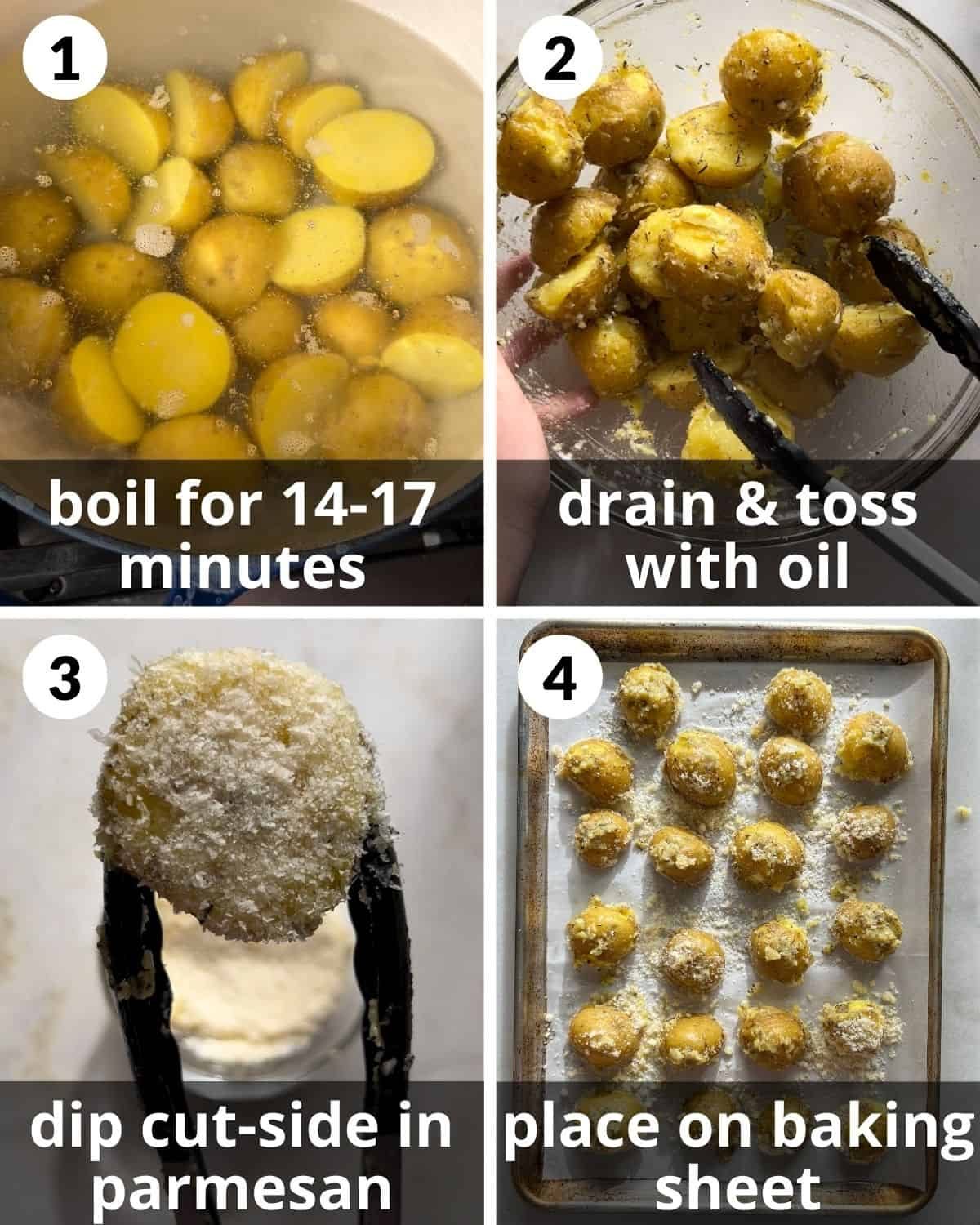 A 4 photo collage showing how to parboil and season the potatoes.