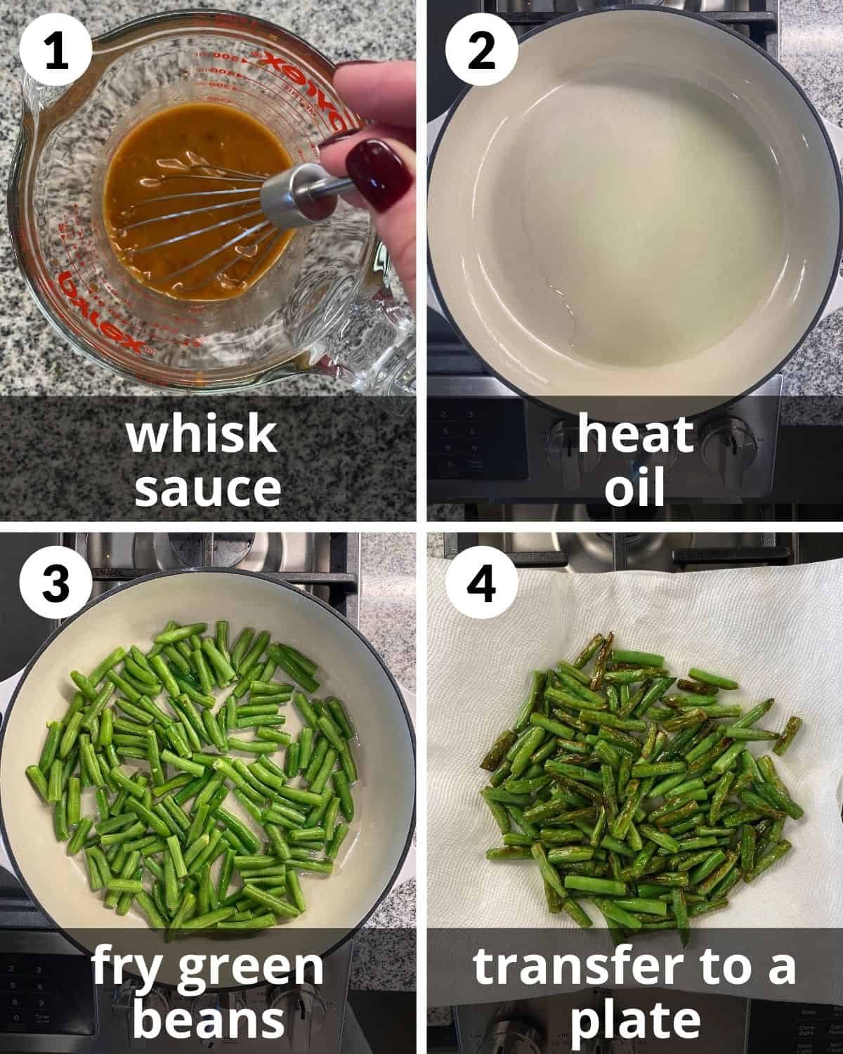 4 photos. Sauce in measuring cup. Oil in pan. Green beans cooking. And on paper towel.