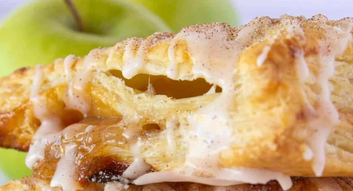 Up close image of caramel apple turnover.