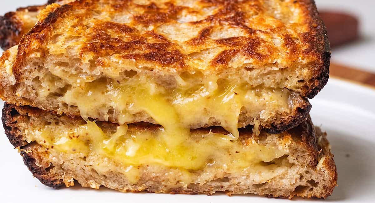 Up close side image of roasted garlic grilled cheese on white plate.