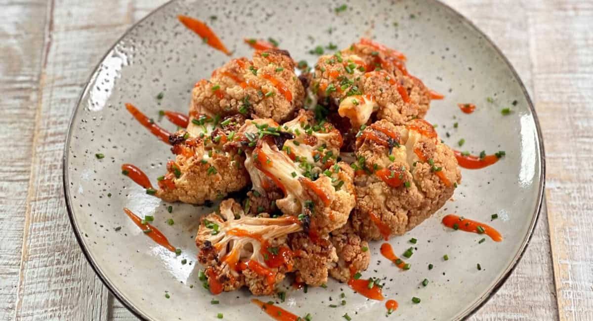 Overhead image of miso glazed cauliflower.