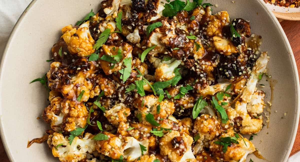 Overhead image of air fried sweet cauliflower.