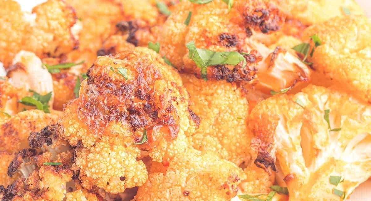 Up close image of air fryer buffalo cauliflower.