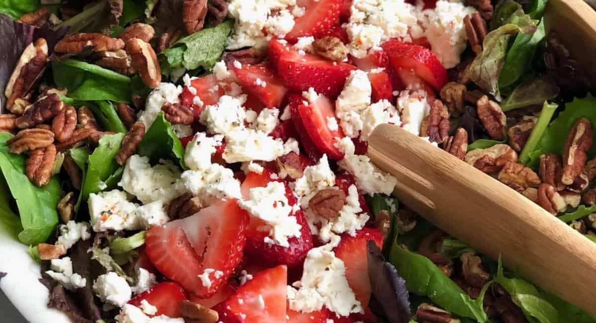 Up close image of strawberry pecan salad.