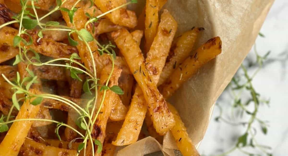 Overhead image of oven roasted rutabaga fries.