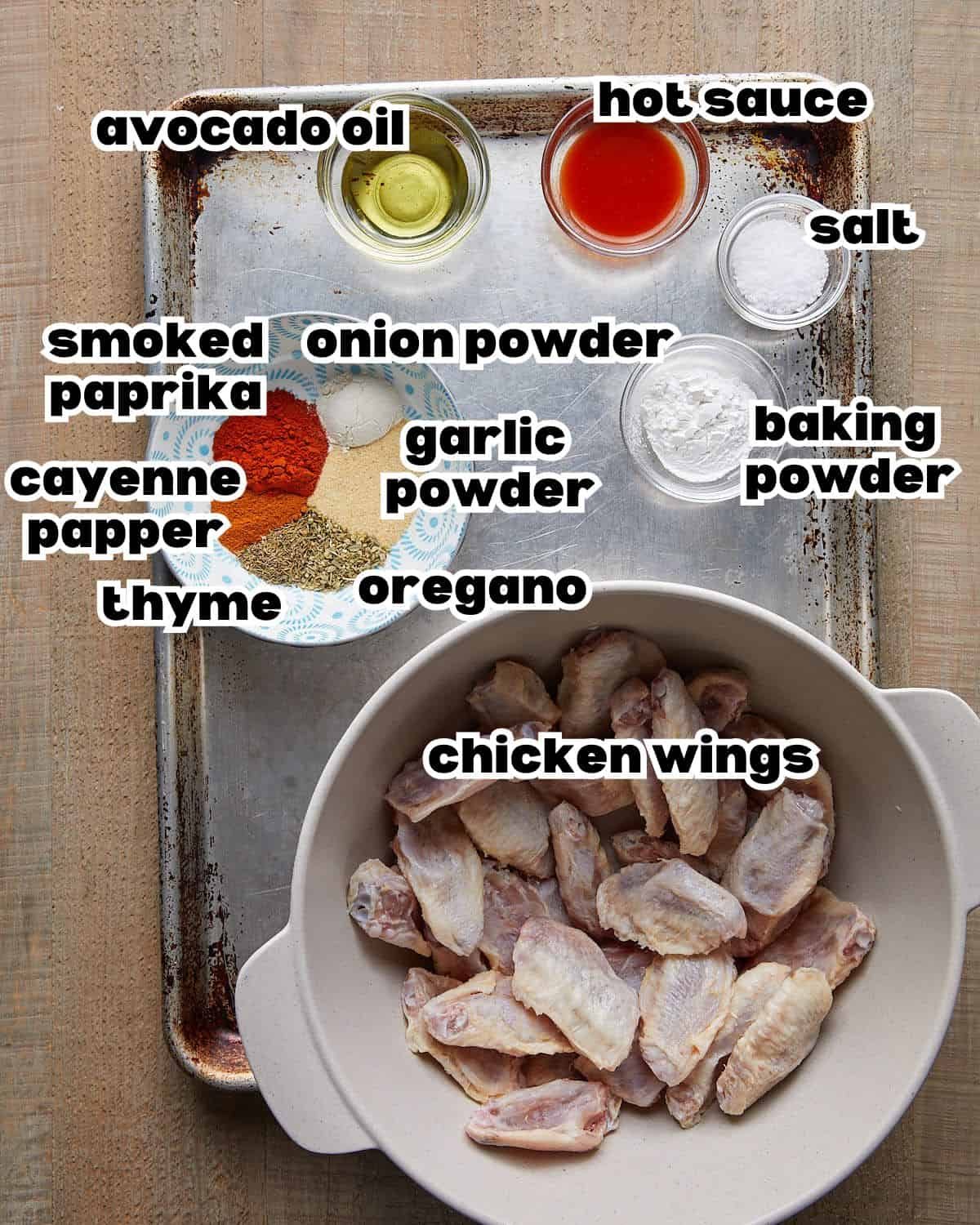 Overhead image of ingredients needed to make blackened wings recipe.