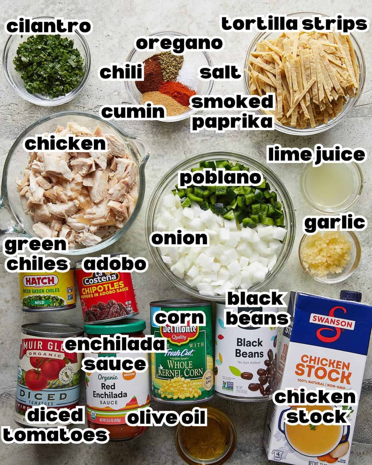 Overhead image of ingredients needed to make chicken tortilla soup with rotisserie chicken.