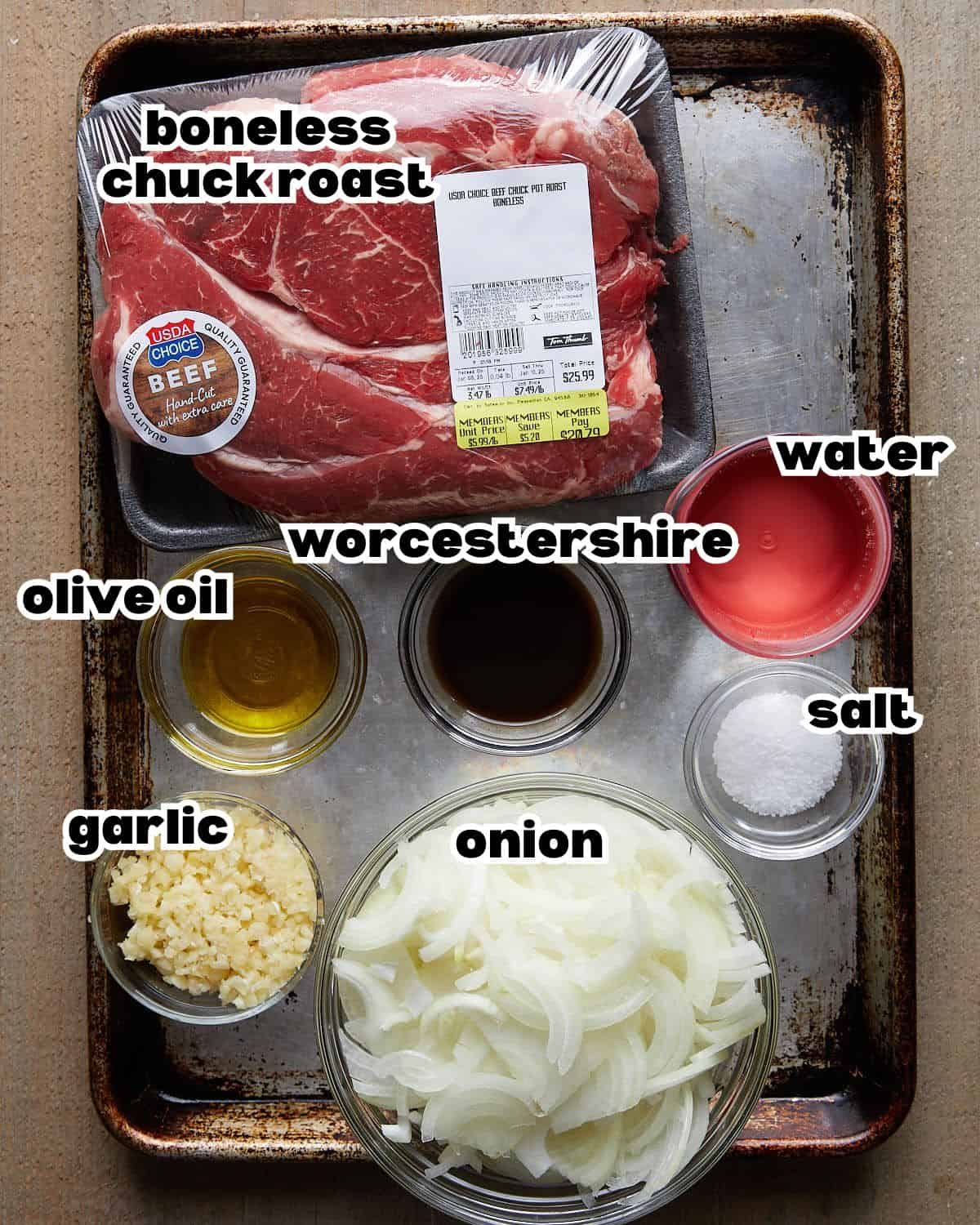 Overhead image of ingredients needed to make chuck roast in oven.