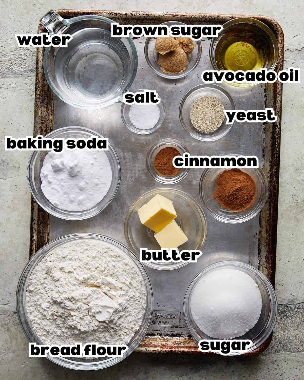 Overhead image of ingredients needed to make cinnamon sugar pretzels.
