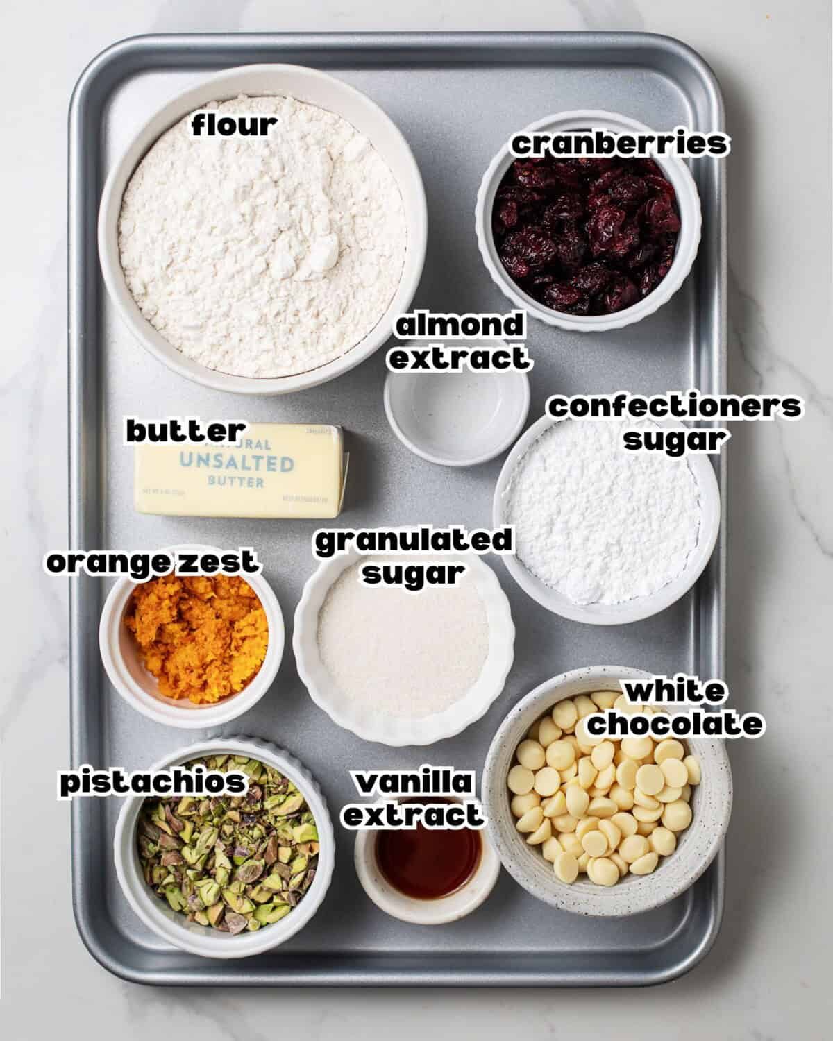 Overhead images of ingredients needed for cranberry pistachio shortbread cookies.