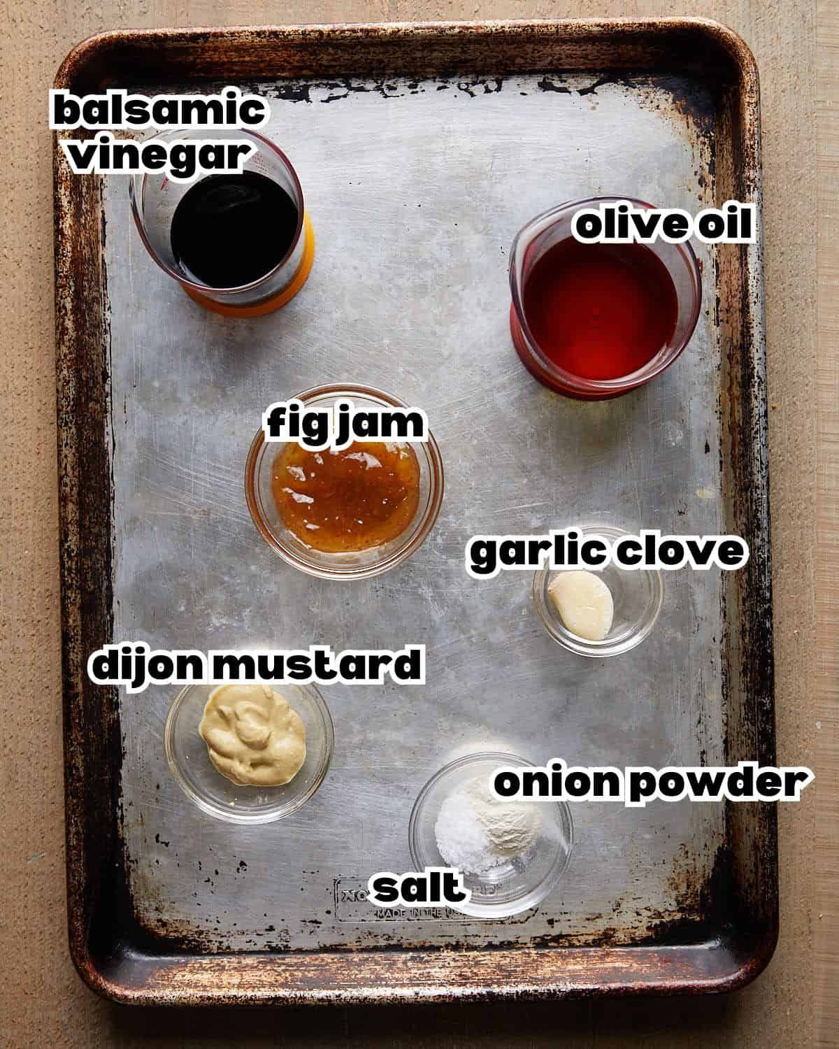Overhead image of ingredients needed to make creamy balsamic vinaigrette.