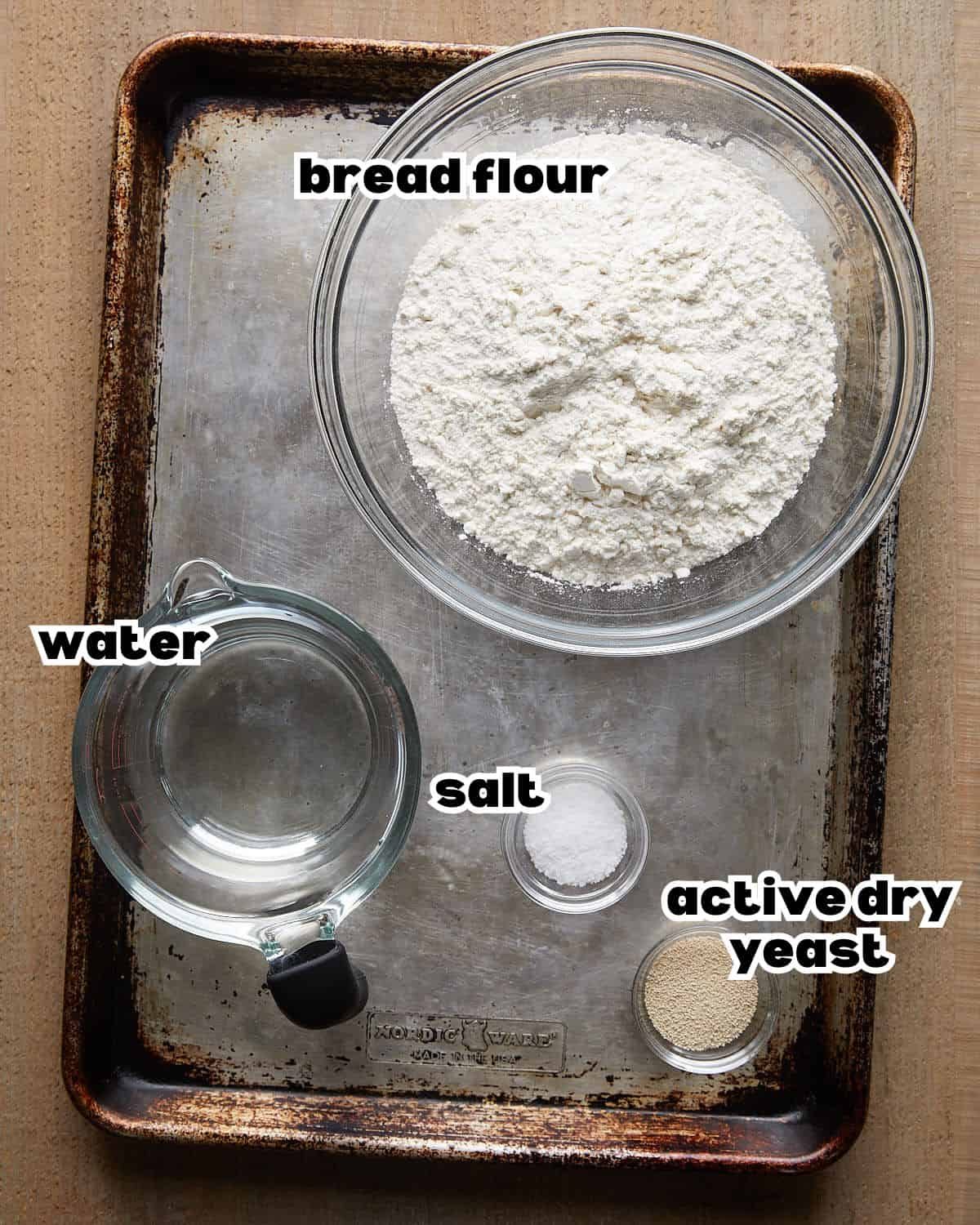 Overhead image of ingredients needed for french bread recipe.