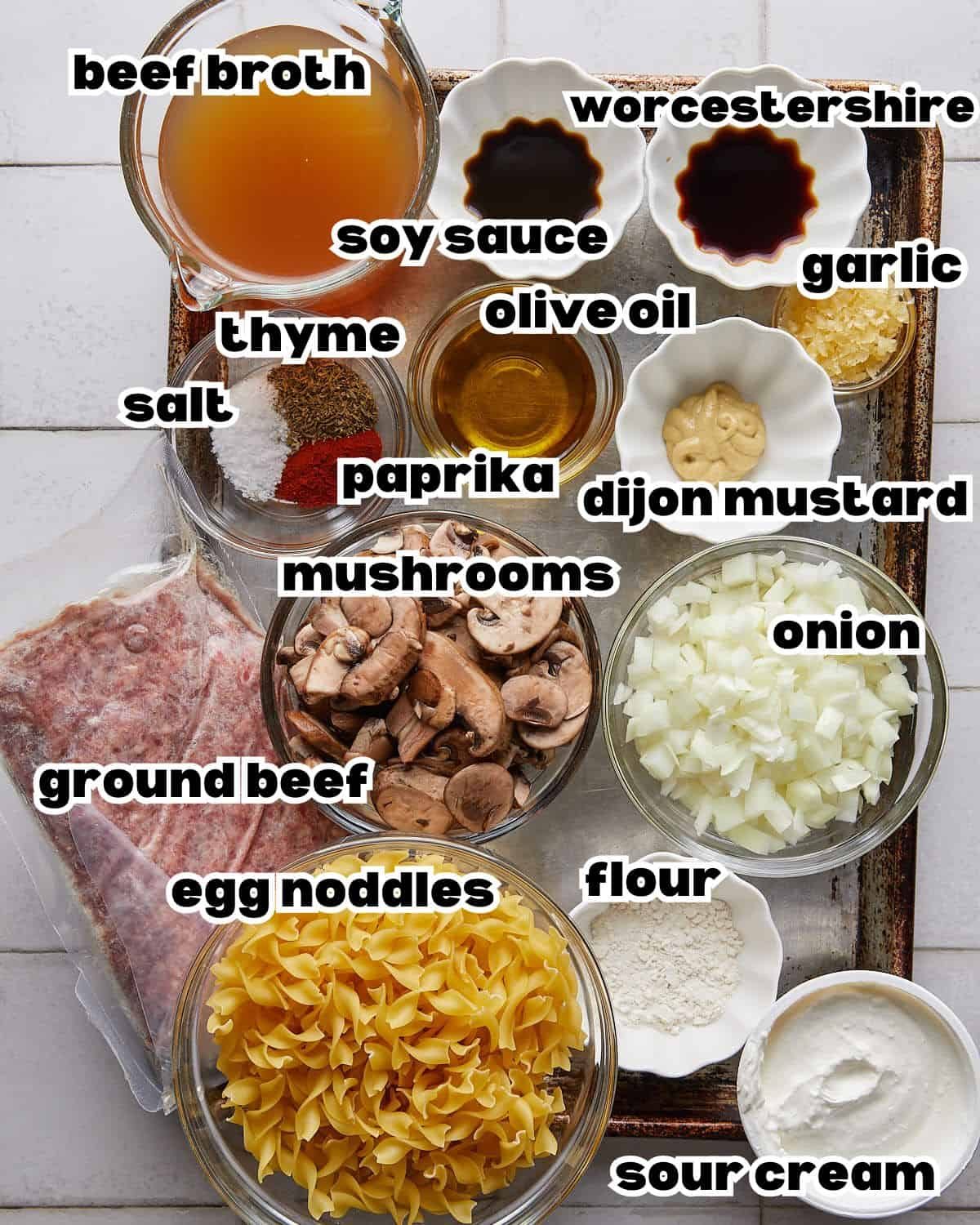 Overhead image of ingredients needed to make beef stroganoff with beef stroganoff.
