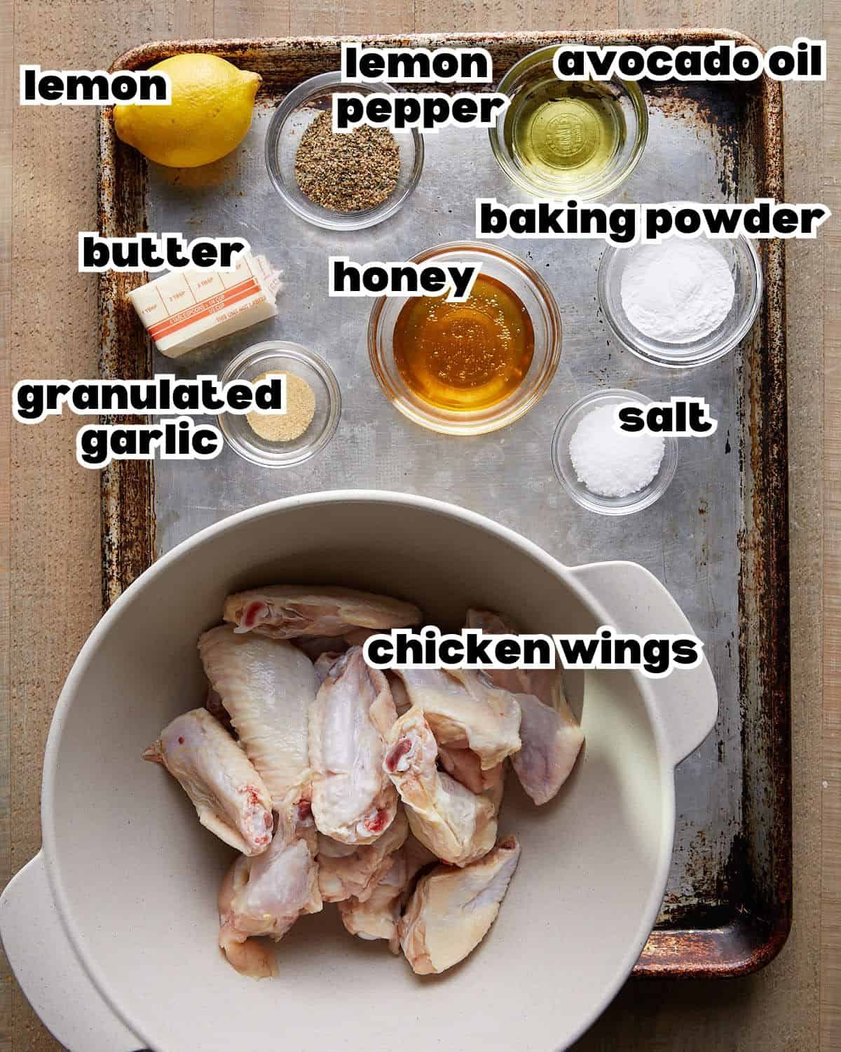 Overhead image of ingredients needed to make honey lemon pepper wings.