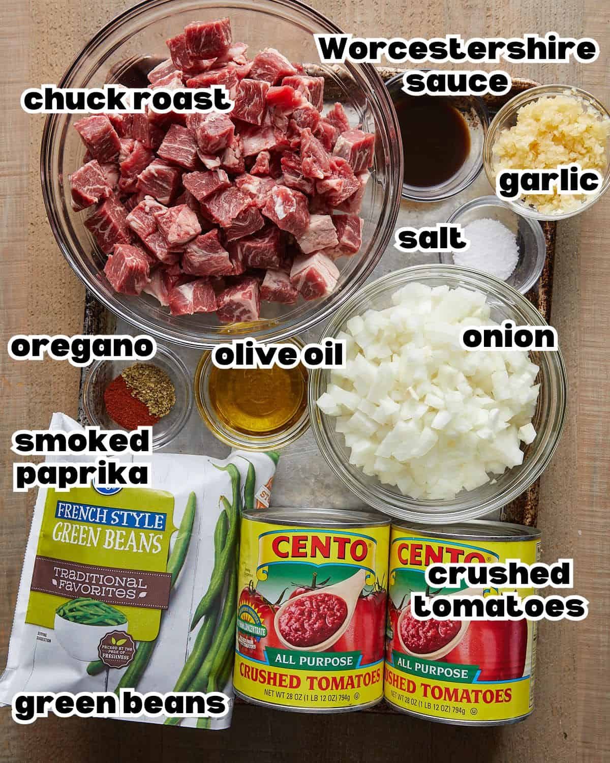 Overhead image of ingredients needed to make Lebanese green bean stew.