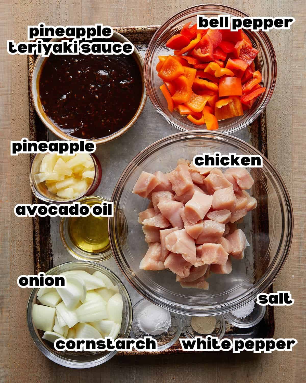Overhead image of ingredients needed for pineapple teriyaki chicken.