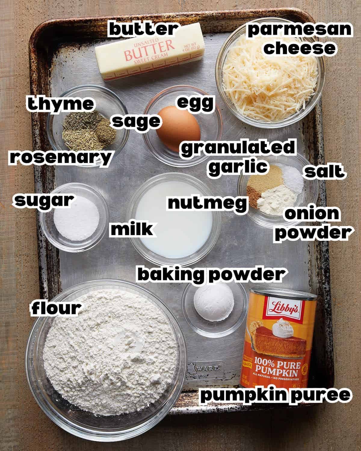 Overhead image of ingredients needed to make savory pumpkin muffins.