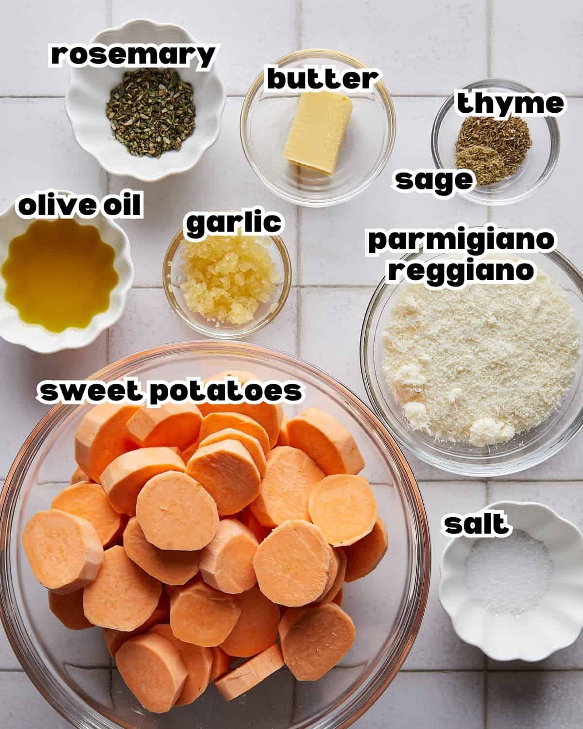 An overhead image of ingredients needed to make savory sweet potatoes.