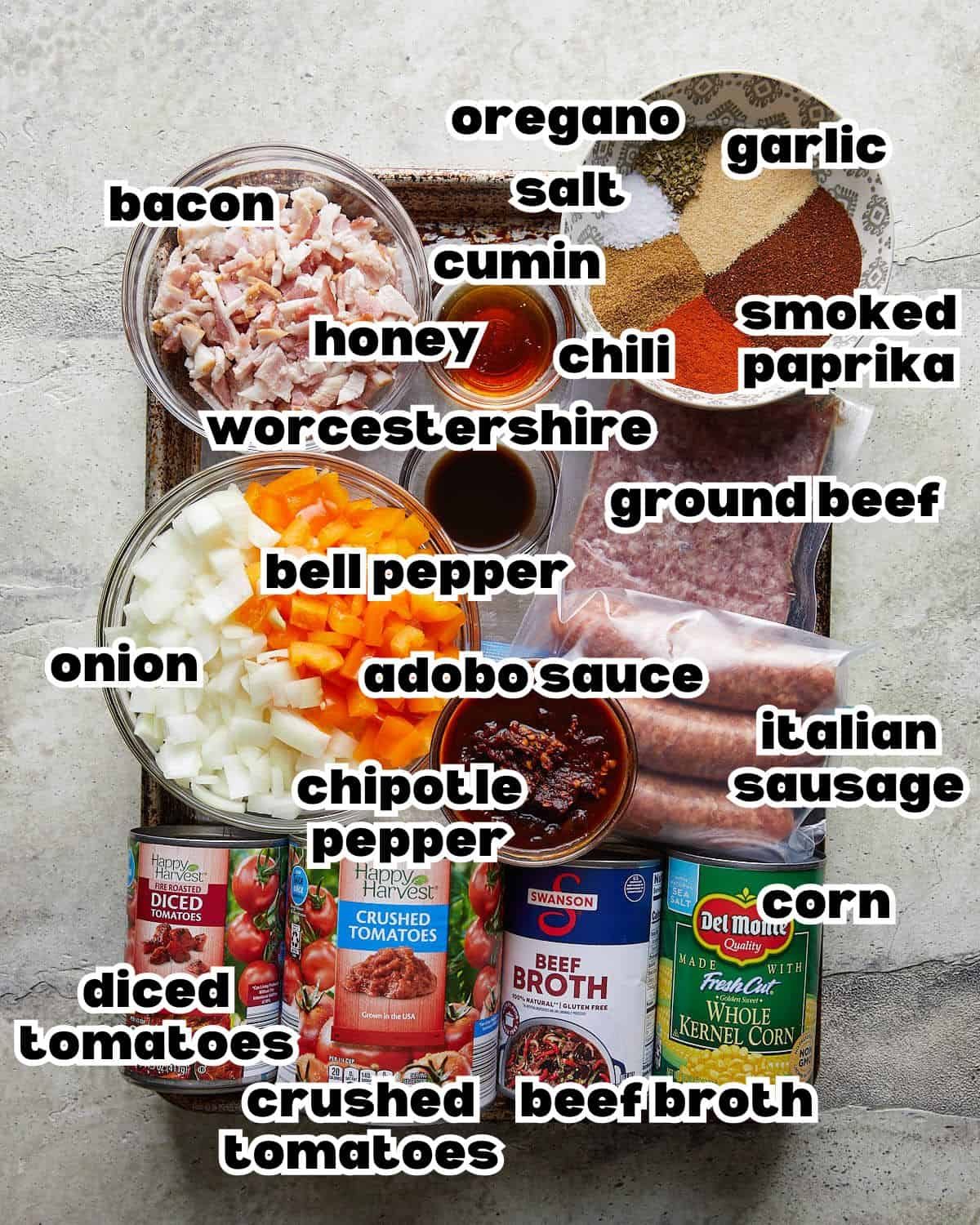 Overhead image of ingredients needed to make slow cooker no bean chili.