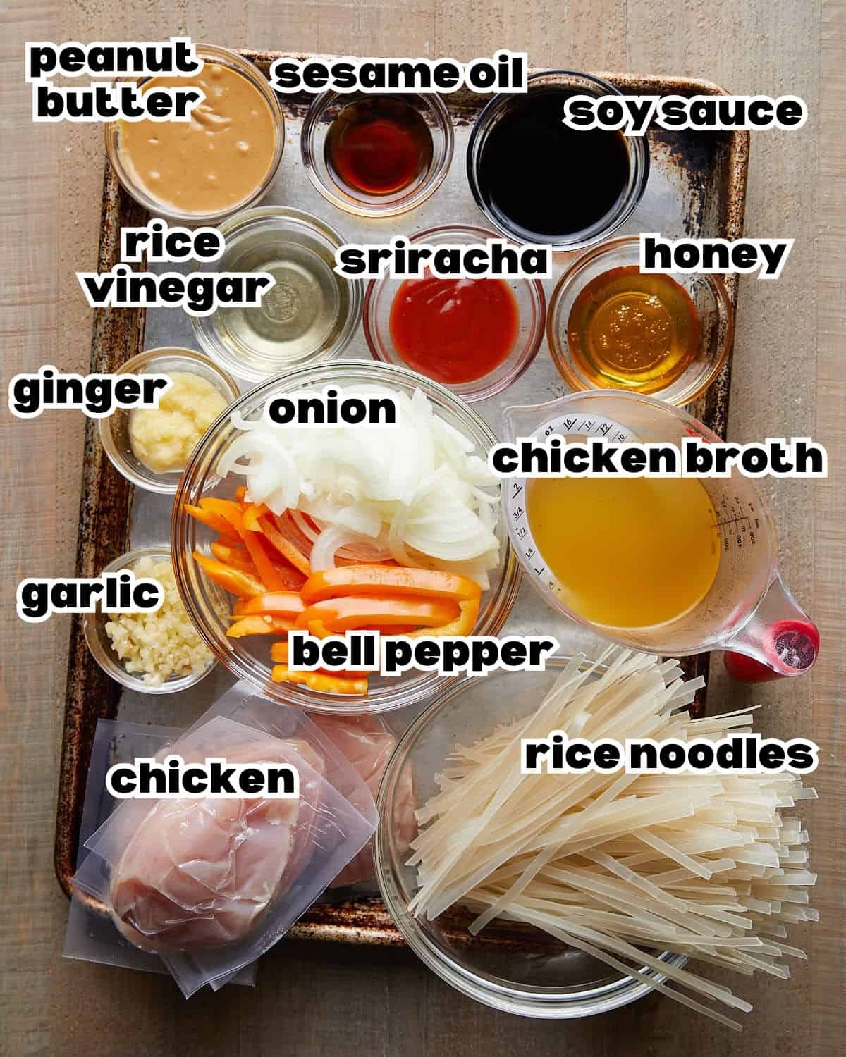 Overhead image of ingredients needed to make spicy peanut nodles with chicken.