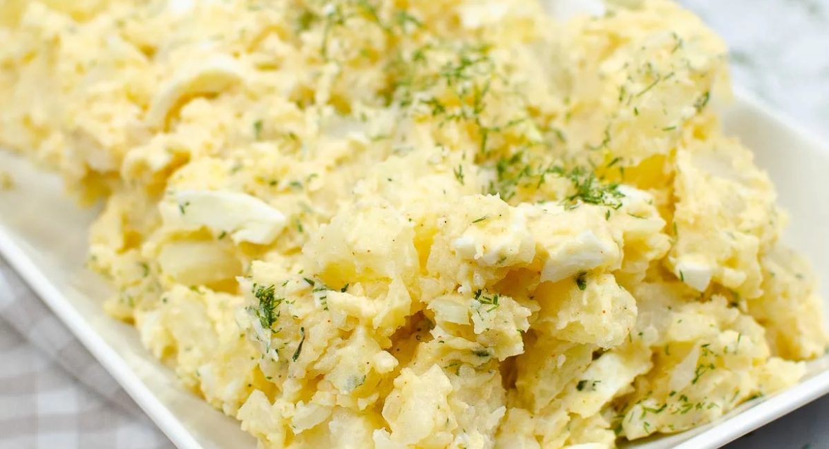 Up close image of instant pot potato salad with eggs.