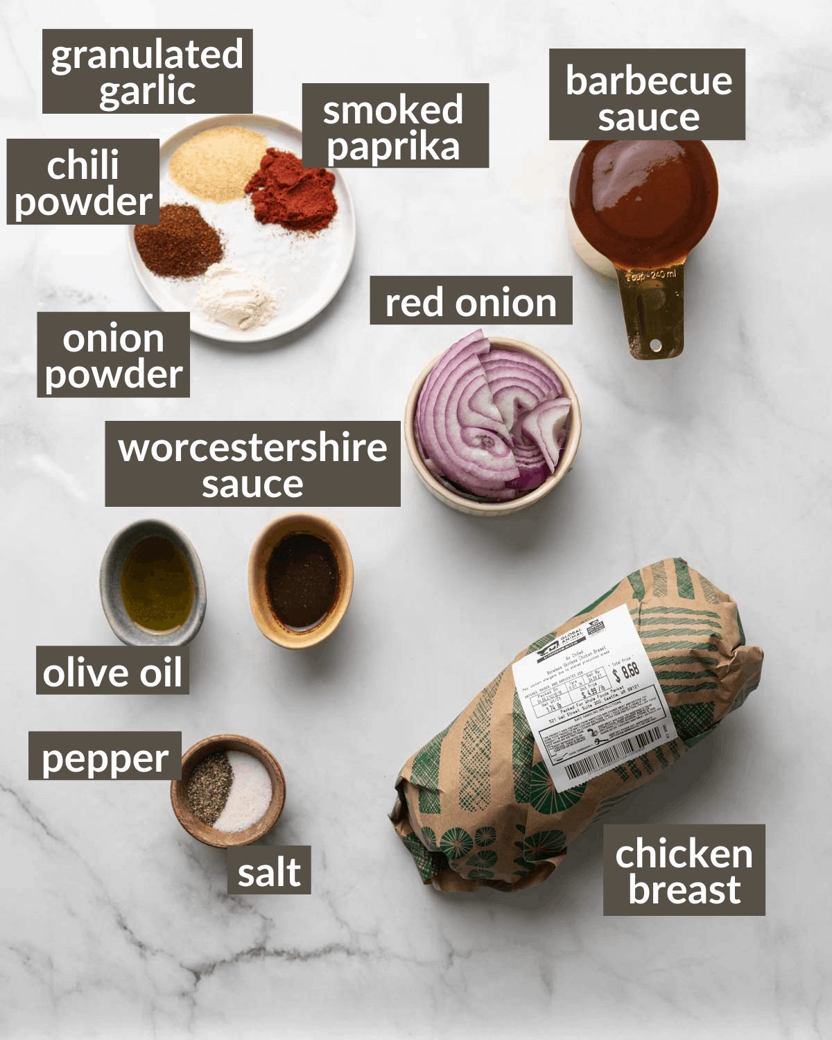 Overhead image of ingredients needed to make instant pot bbq chicken recipe.