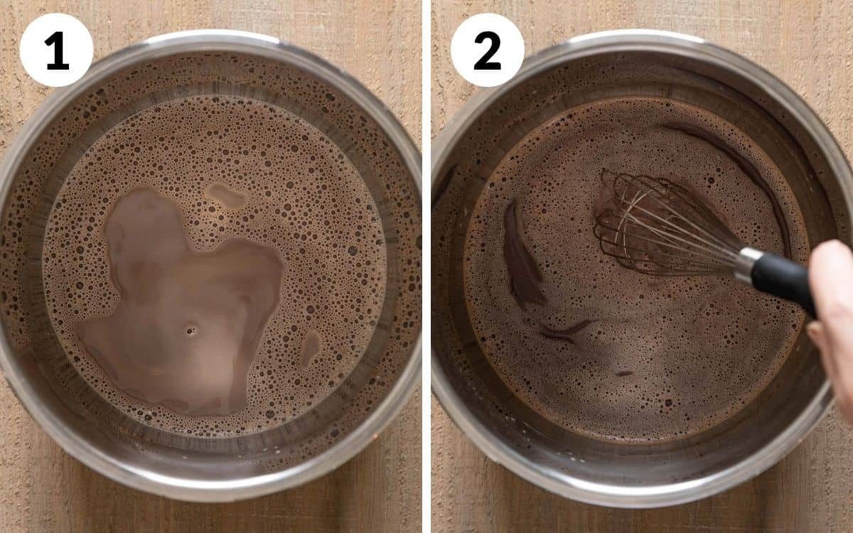 steps 1 & 2 The sugar, cocoa, & salt whisked into the milk Chocolate chips added to instant pot hot chocolate