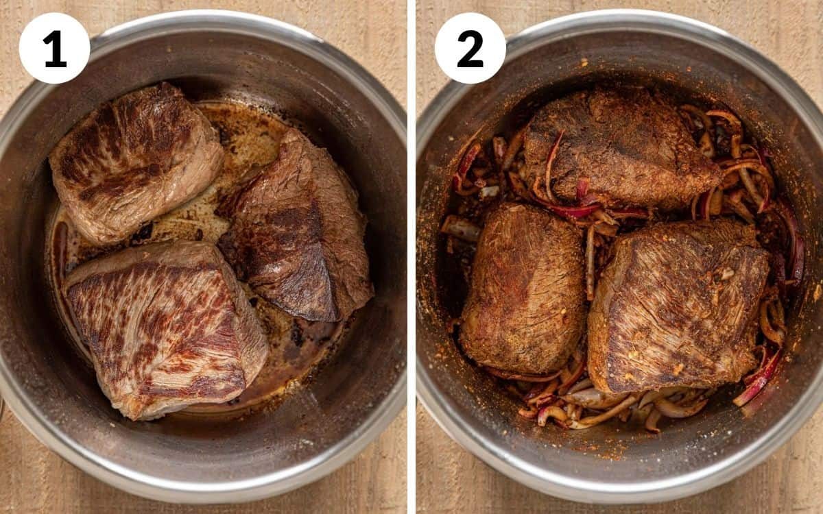 steps 1 & 2 meat browned in pot onions and spiced added to meat