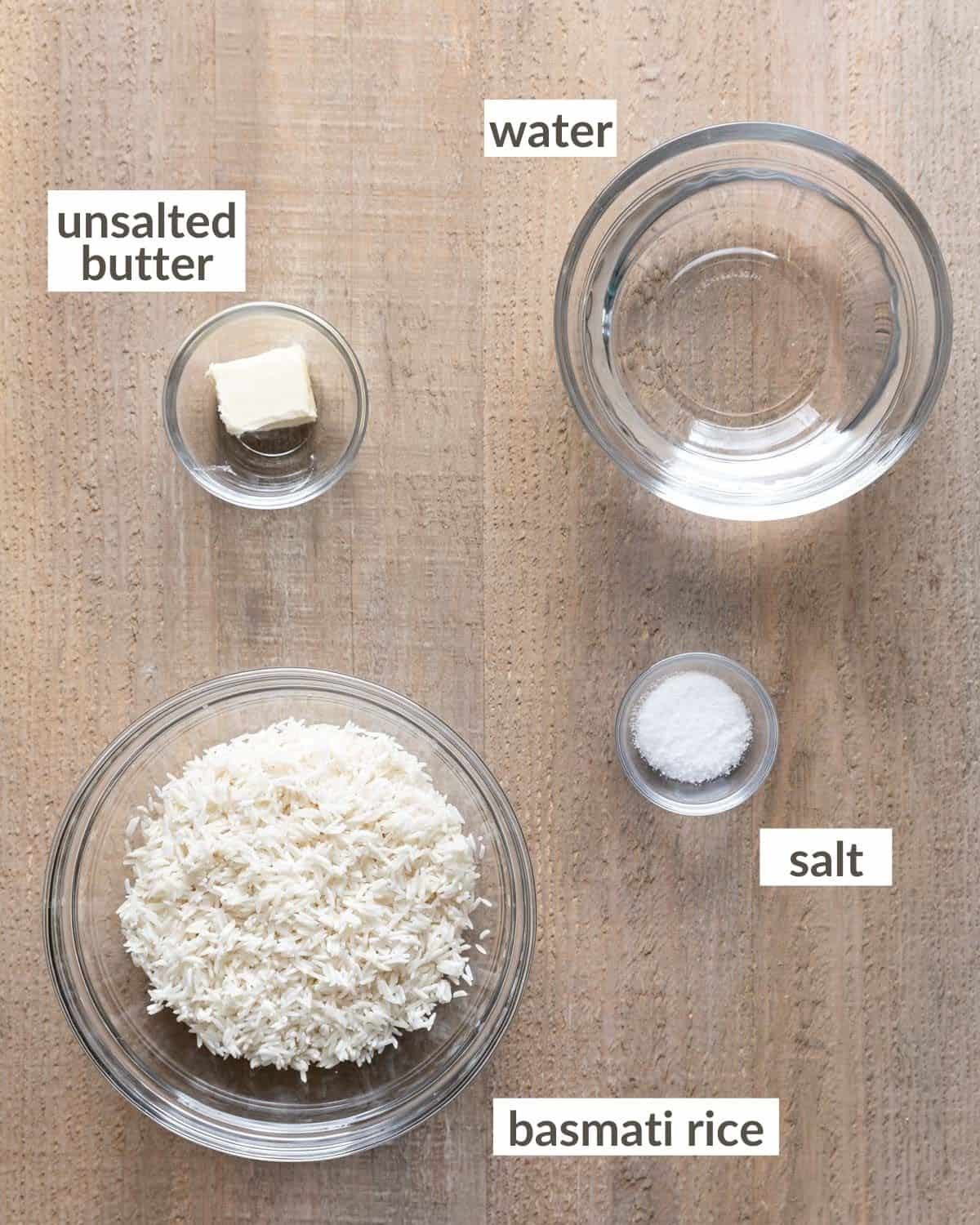Ingredients needed to make basmati rice in the instant pot.