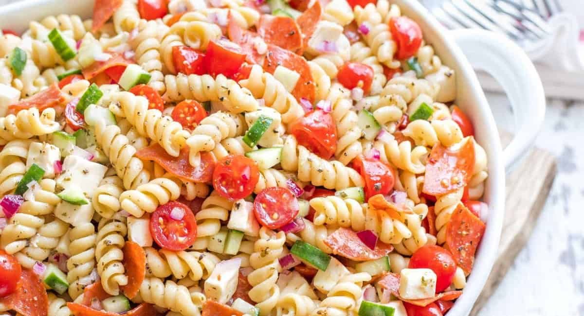 Overhead image of Italian pasta salad.