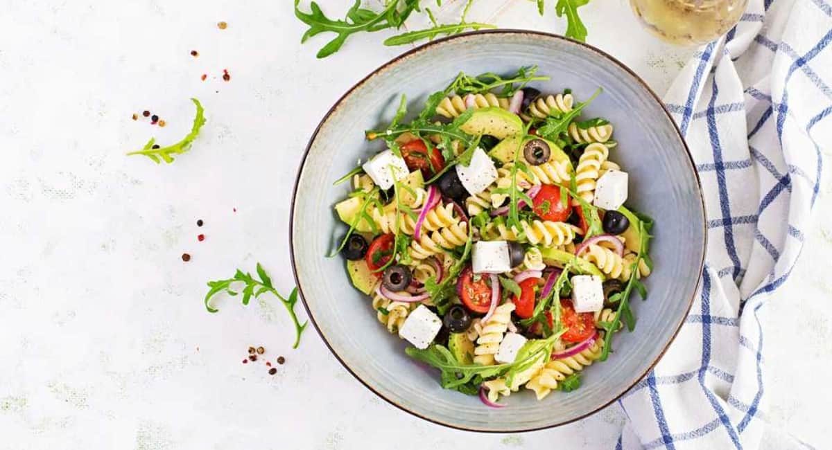 Overhead image of Italian pasta salad.