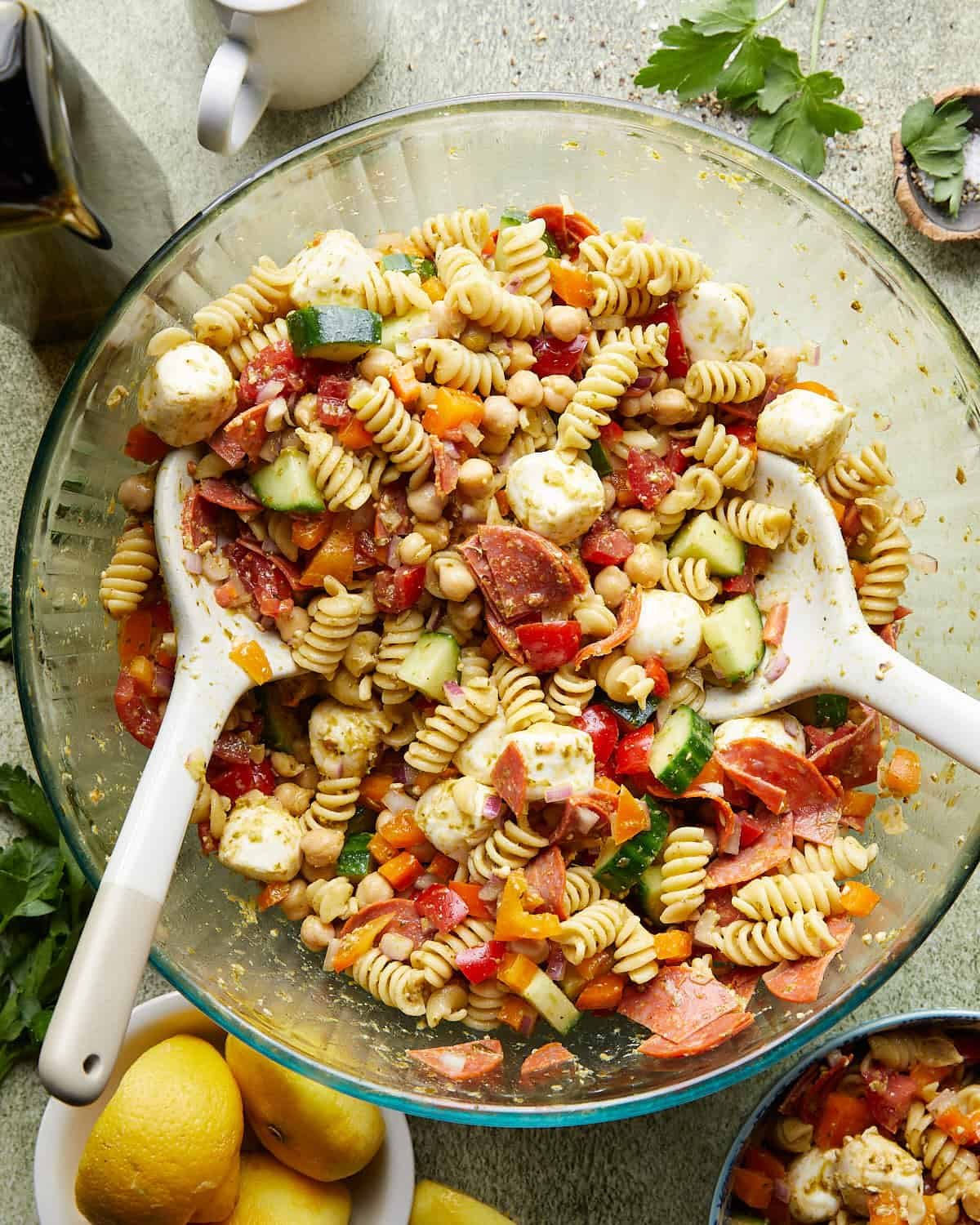 Overhead image of healthy Italian pasta salad.